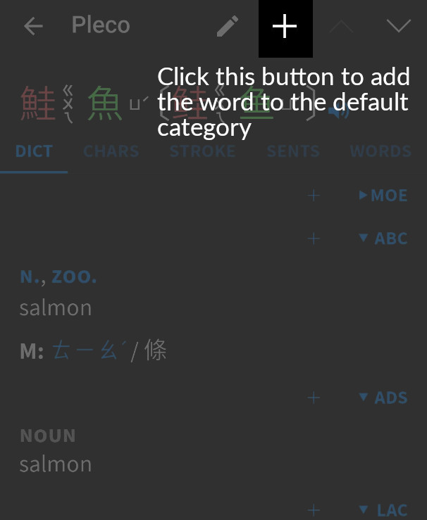 Plus button in Pleco dictionary